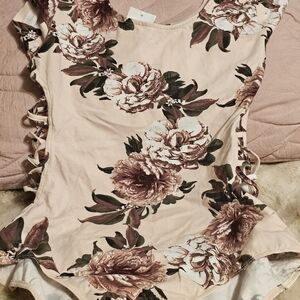 Floral Lace-Up Bodysuit in Cream and Brown